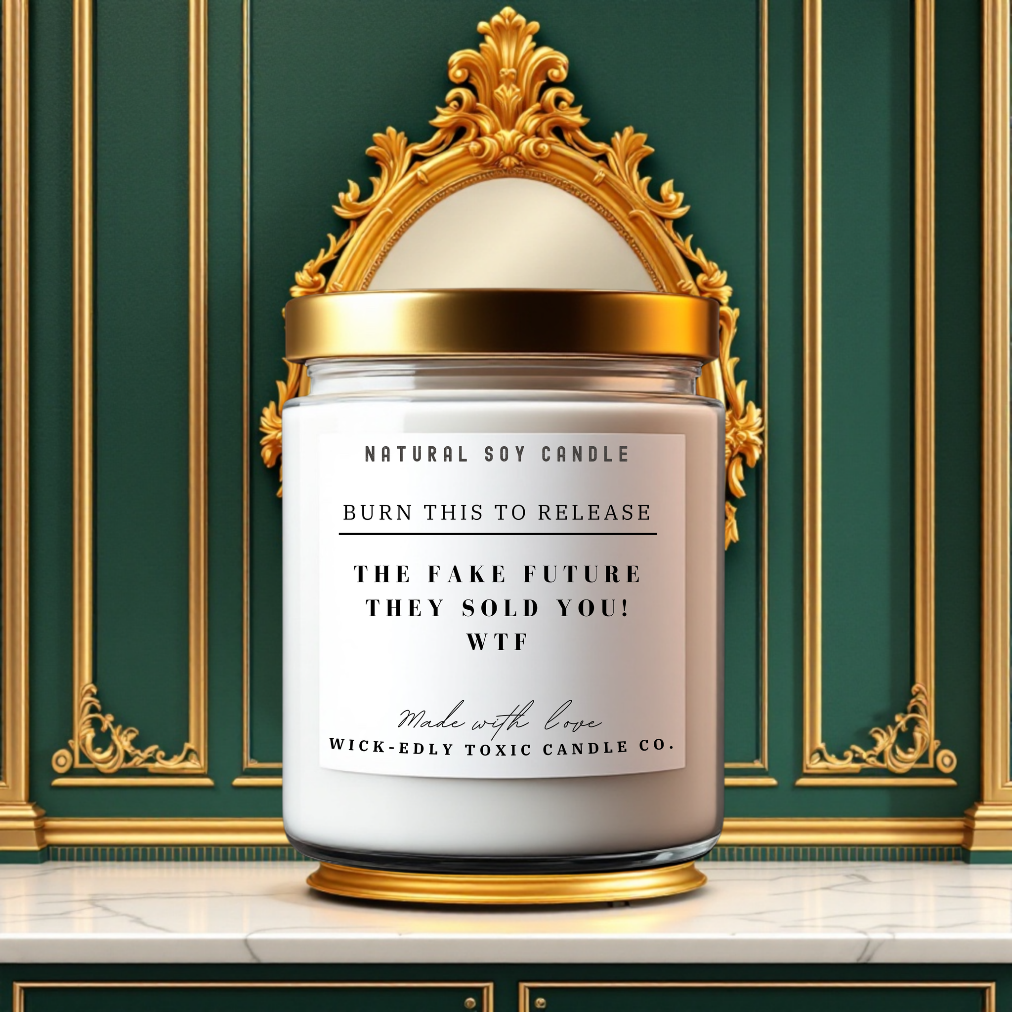 Fake Future 9oz soy candle in apothecary jar, eco-friendly coconut apricot wax, white birch fragrance.