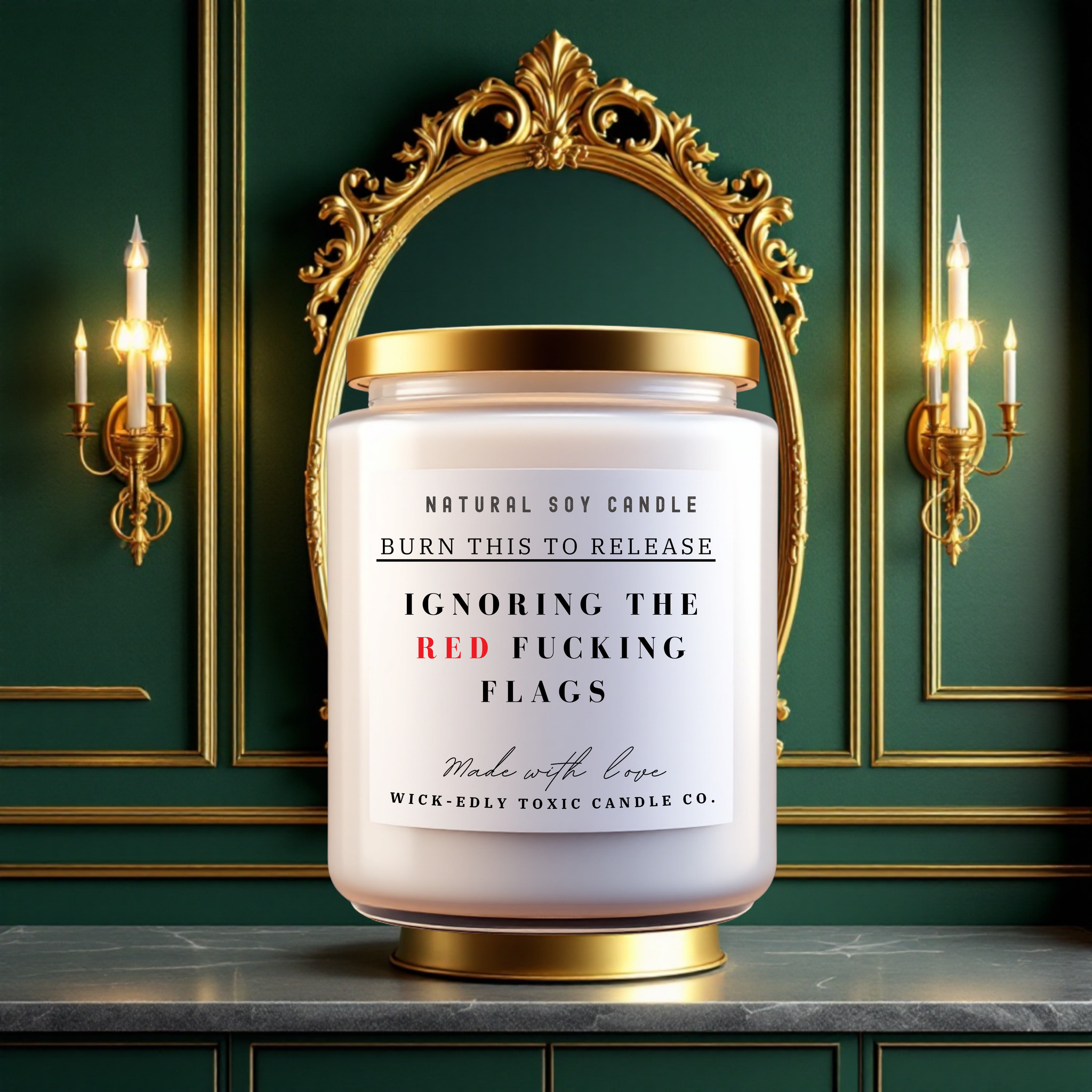 Red Flags white birch and lemon-scented 9oz soy candle in apothecary jar, eco-friendly coconut apricot wax, fresh and earthy fragrance.