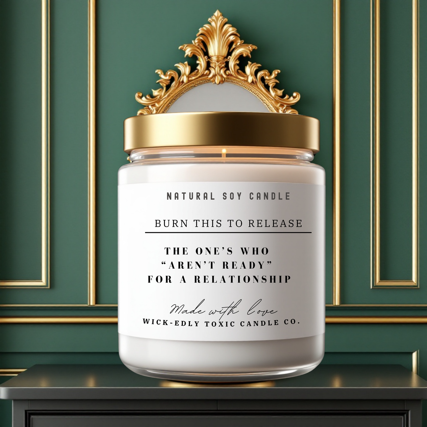 The Ones Who Aren't Ready for a Relationship 9oz soy candle in apothecary jar, eco-friendly coconut apricot wax, calming vanilla fragrance.