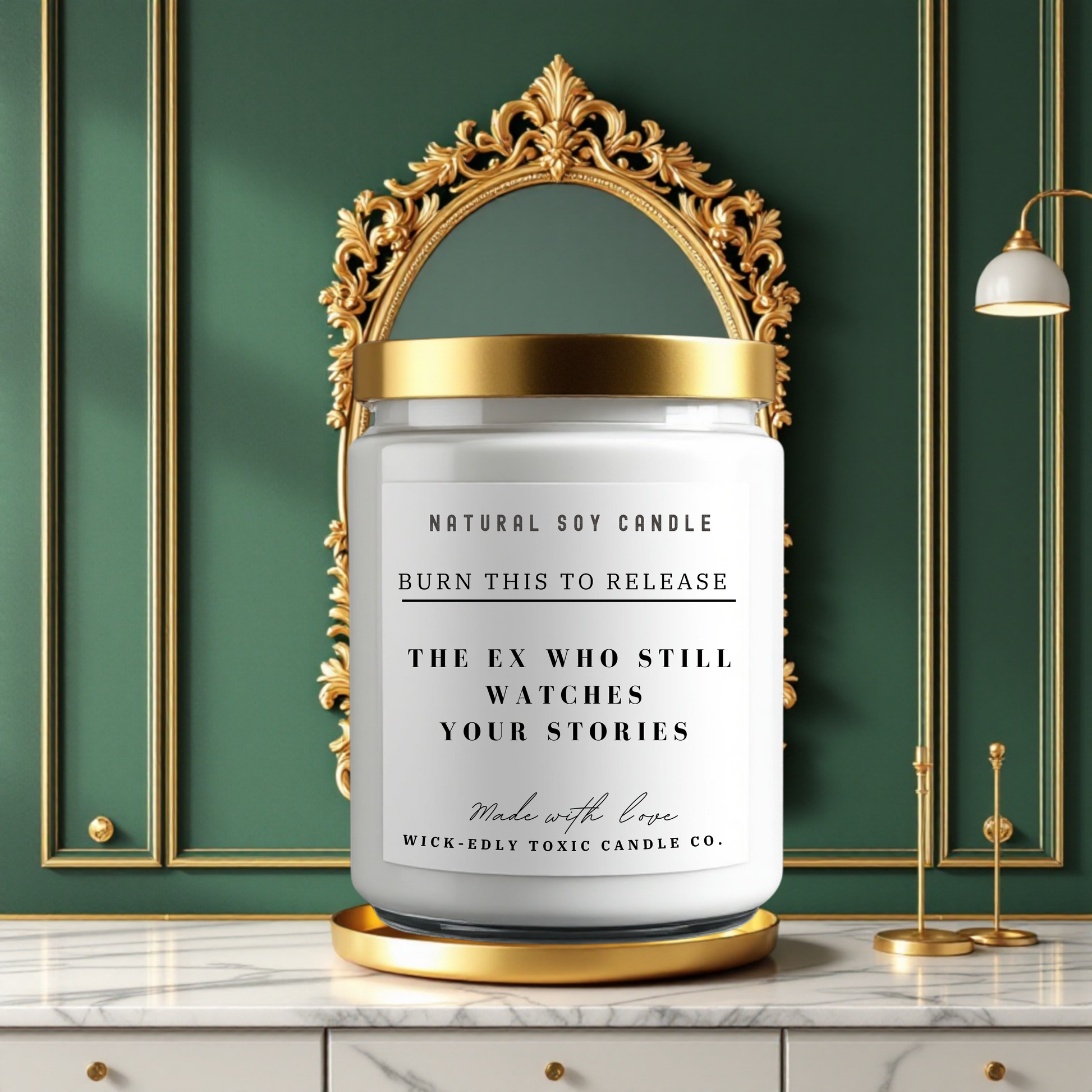 The Ex Who Still Watches Your Stories 9oz soy candle in apothecary jar, eco-friendly coconut apricot wax, intriguing and mysterious fragrance.