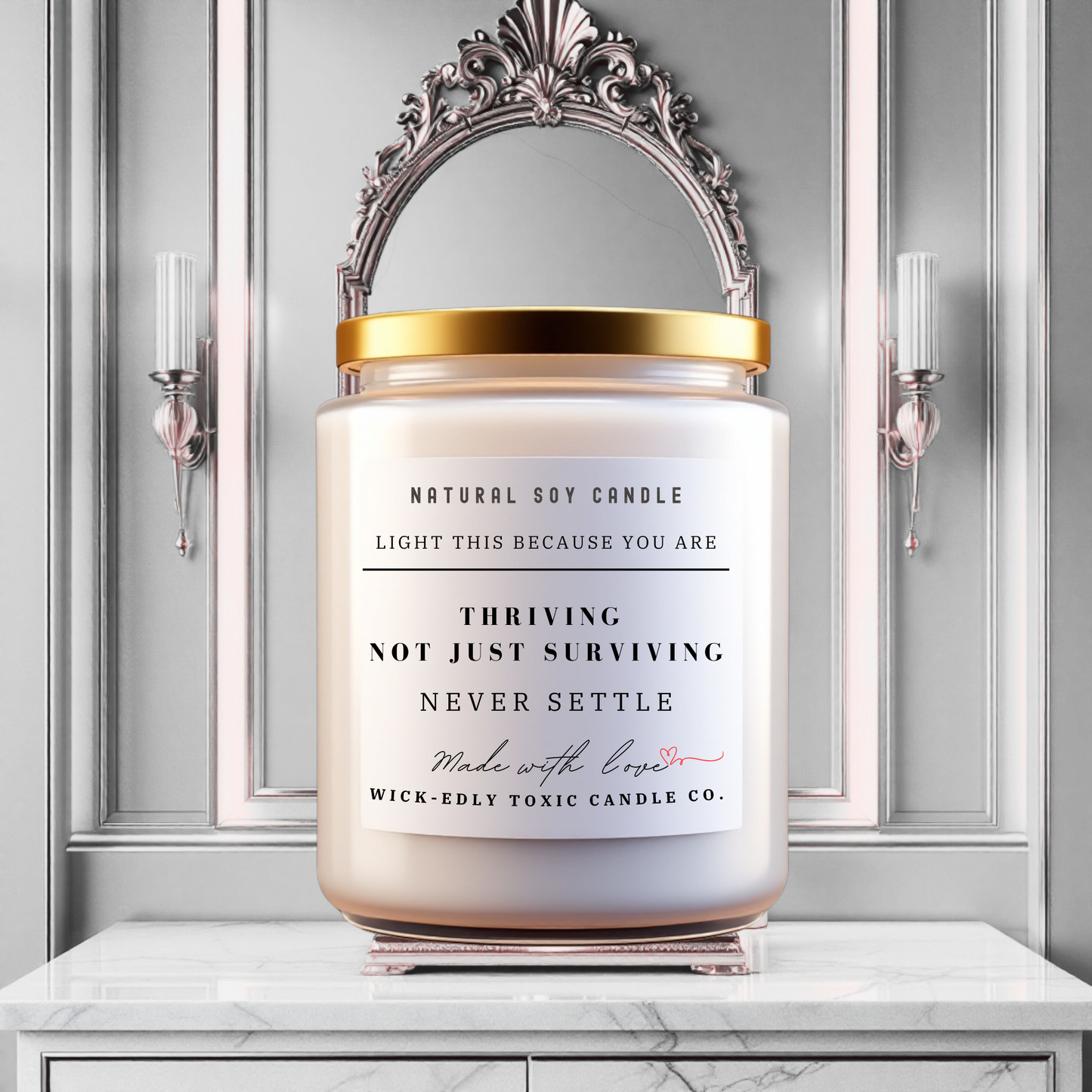 Thriving Not Just Surviving 9oz soy candle in apothecary jar, eco-friendly coconut apricot wax, energizing scent for a positive atmosphere.