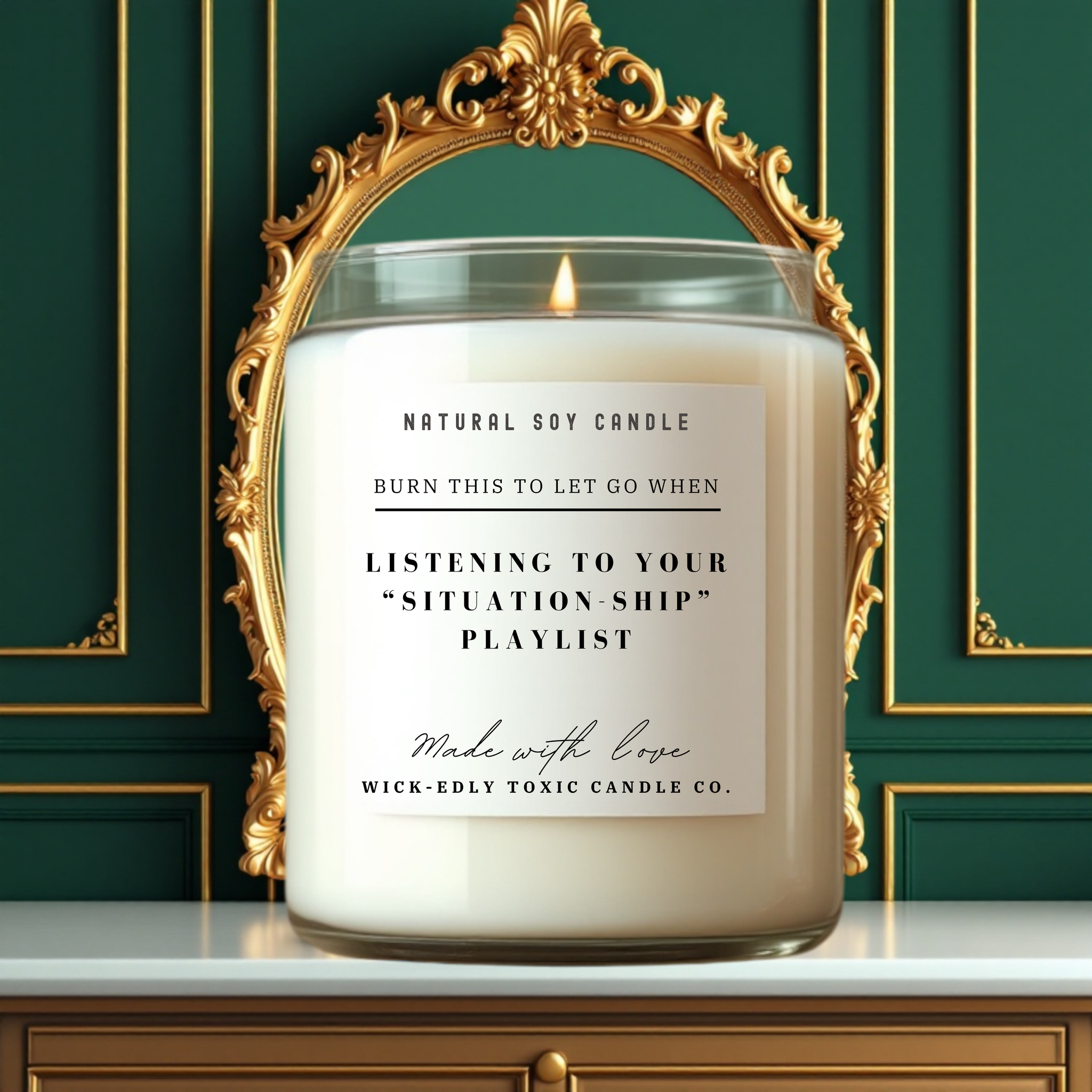 The Situationship blackberry vanilla-scented 9oz soy candle in apothecary jar, eco-friendly coconut apricot wax, sweet and complex fragrance.