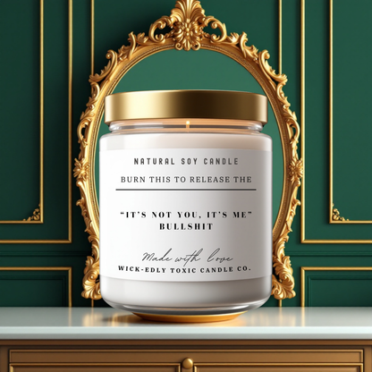 It's Not You, It's Me 9oz soy candle in apothecary jar, eco-friendly coconut apricot wax, soothing and reflective ocean breeze fragrance.