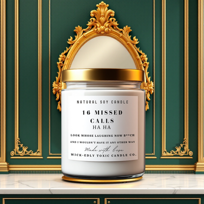 16 Missed Calls white birch, oakmoss, and amber-scented 9oz soy candle in apothecary jar, eco-friendly coconut apricot wax, rich and earthy fragrance.