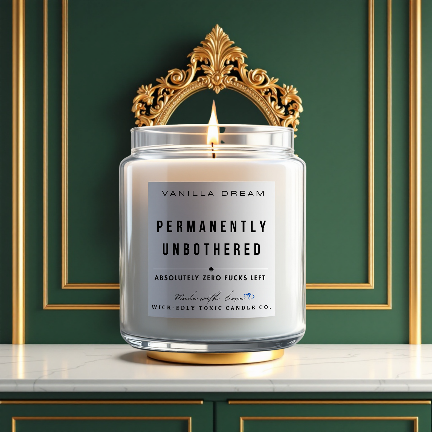Permanently Unbothered candle by Wickedly Toxic Candle Co, 9oz vanilla-scented candle made with eco-friendly coconut apricot soy wax for a calming and relaxing ambiance