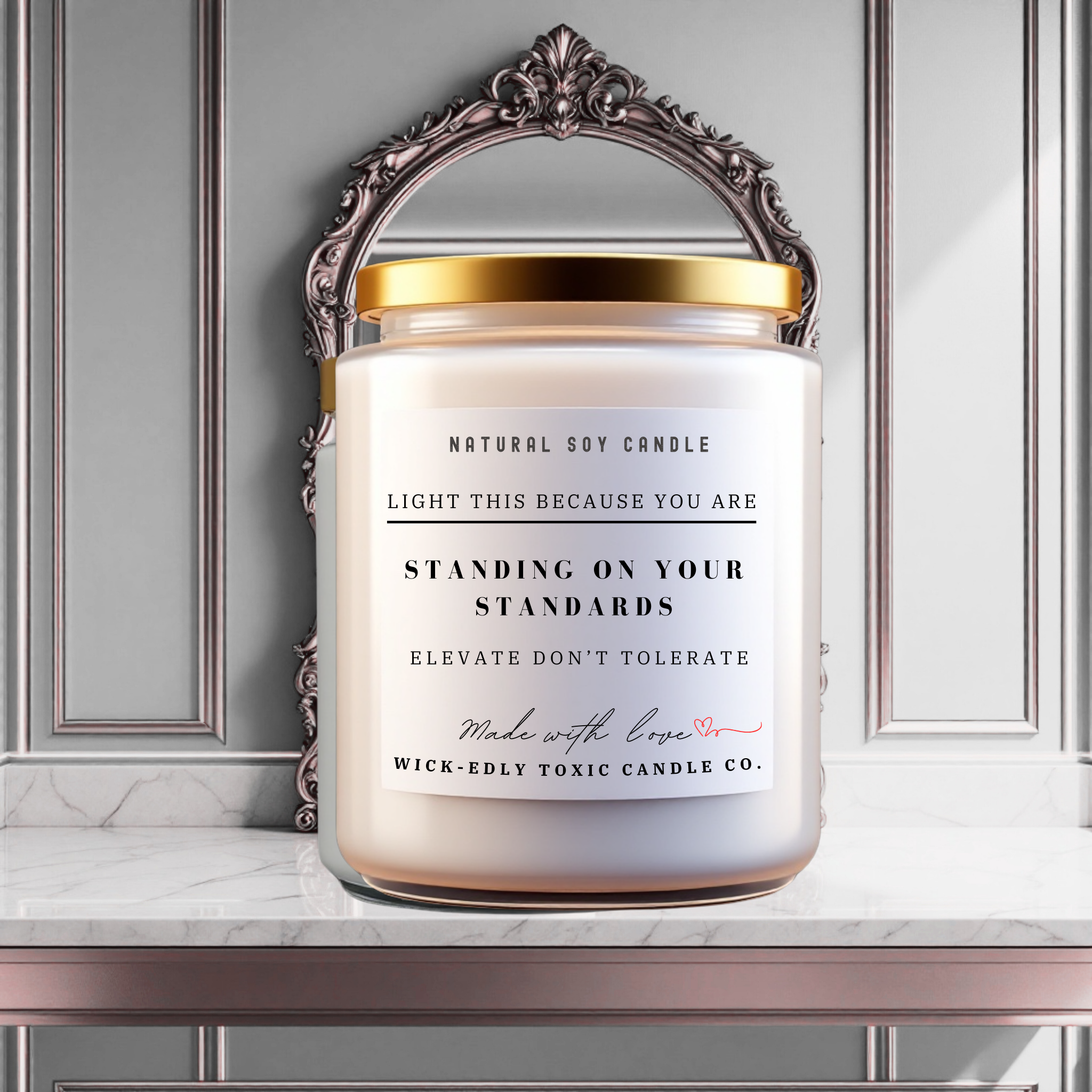 Standing on Your Standards 9oz soy candle in apothecary jar, eco-friendly coconut apricot wax, empowering and bold fragrance.