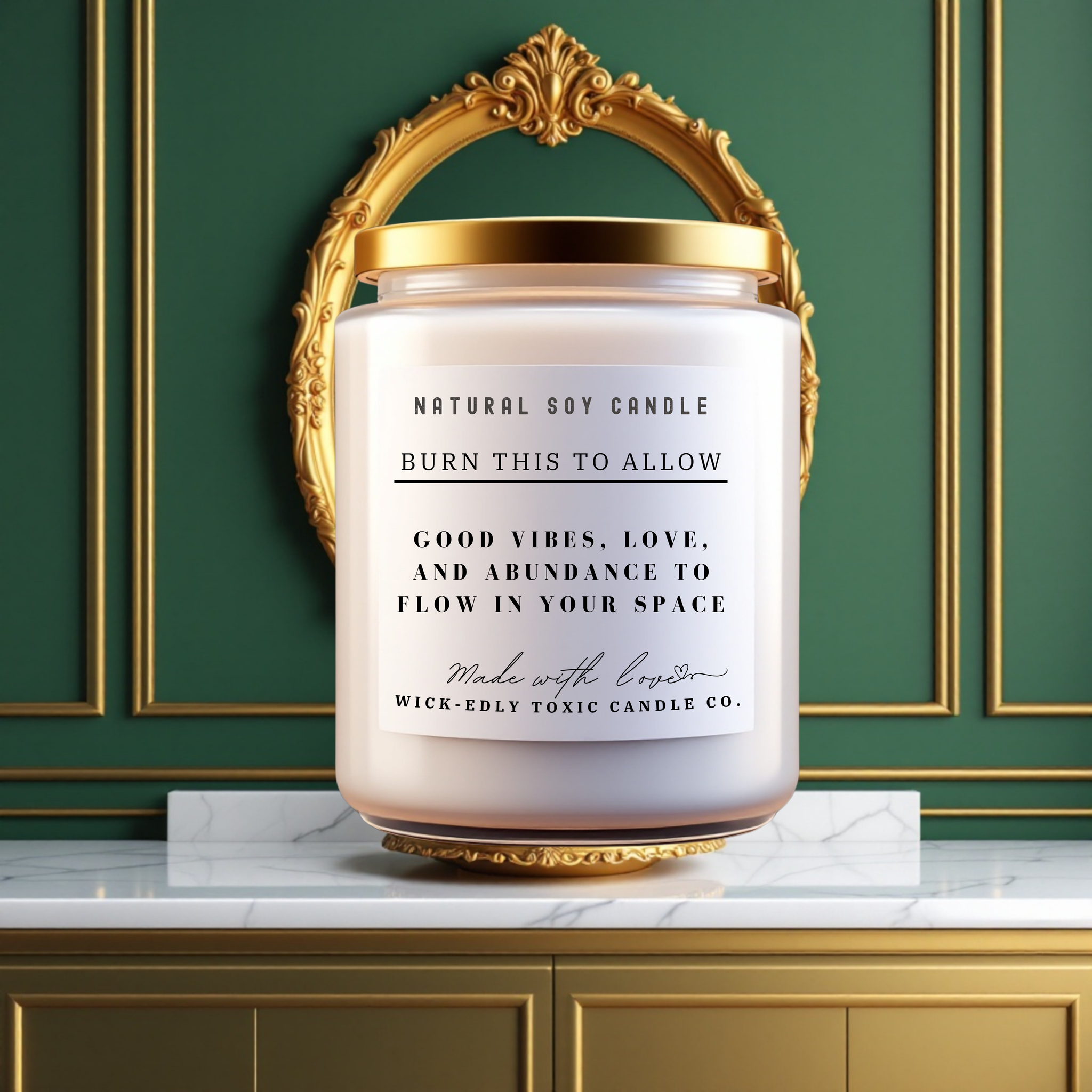 Good Vibes, Love, and Abundance Manifestation Candle by Wickedly Toxic Candle Co, 9oz soy candle in apothecary jar, eco-friendly coconut apricot wax, uplifting and energizing fragrance