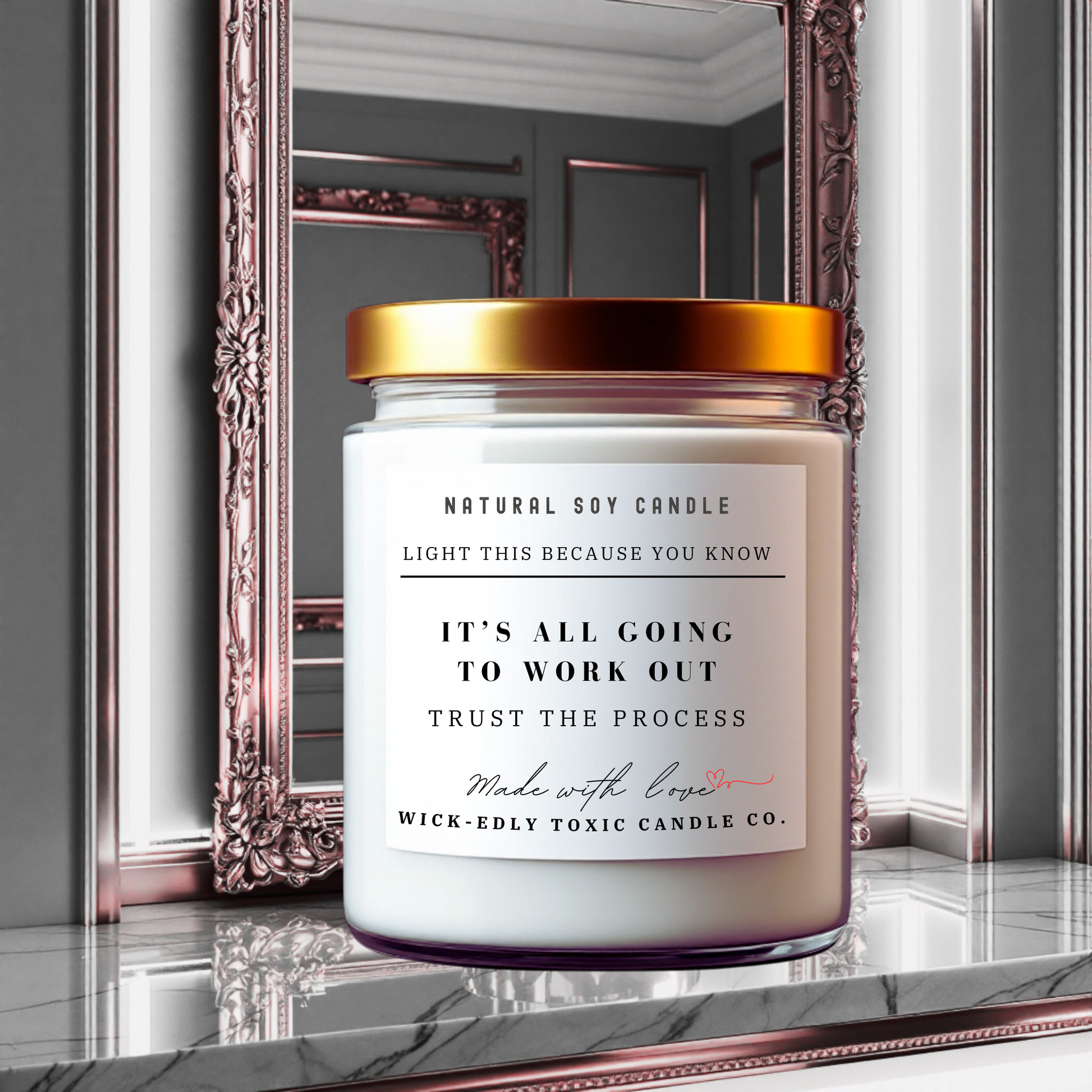 It's All Going to Work Out 9oz soy candle in apothecary jar, eco-friendly coconut apricot wax, calming and reassuring fragrance.
