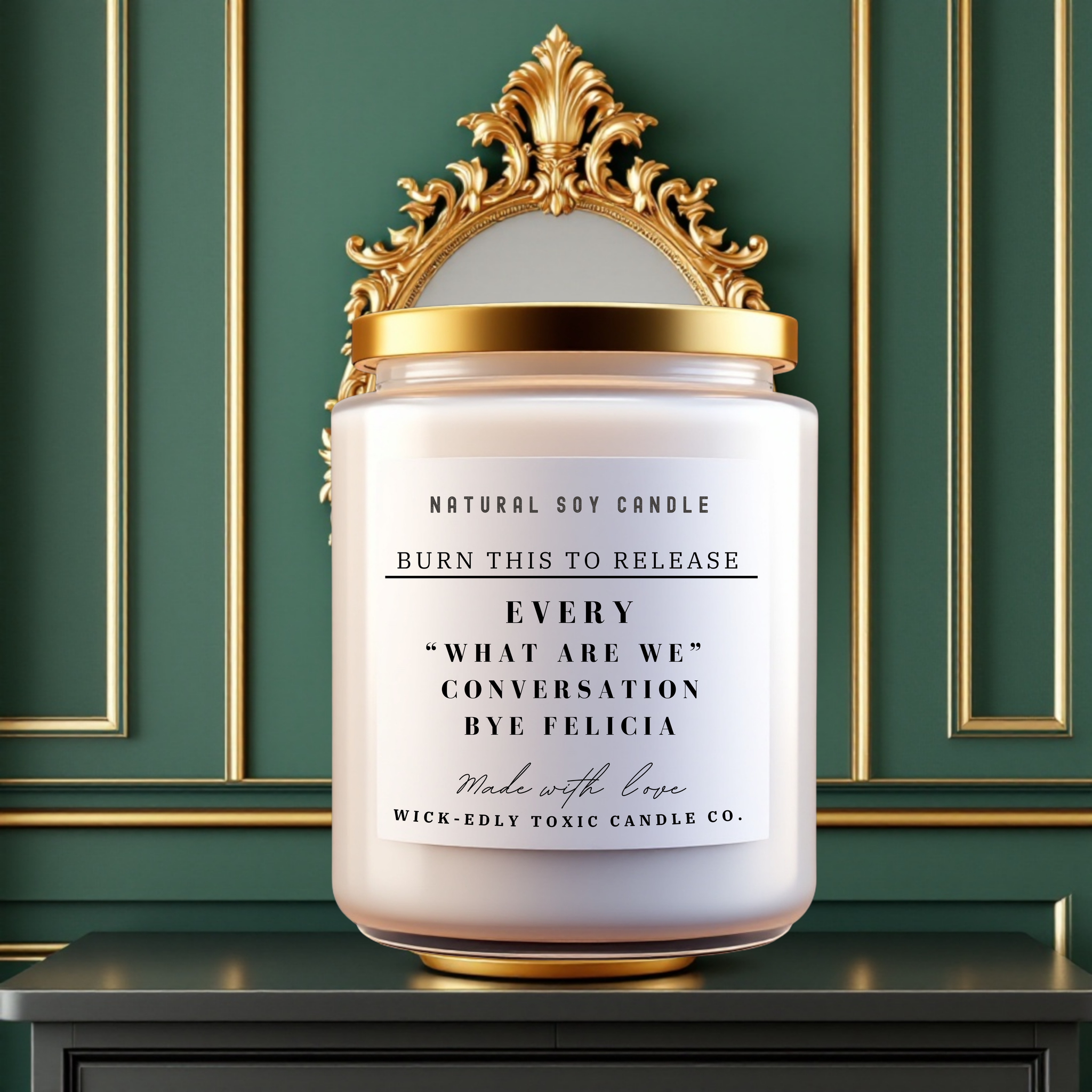 Every 'What Are We' Conversation orange and vanilla-scented 9oz soy candle in apothecary jar, eco-friendly coconut apricot wax, warm and comforting fragrance.